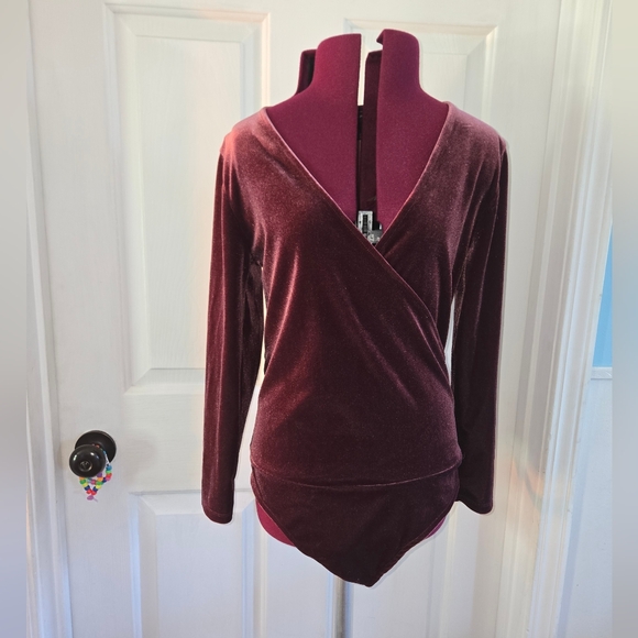 Banana Republic Tops - Banana Republic Burgundy Velvet Faux Wrap Medium Long Sleeve Bodysuit